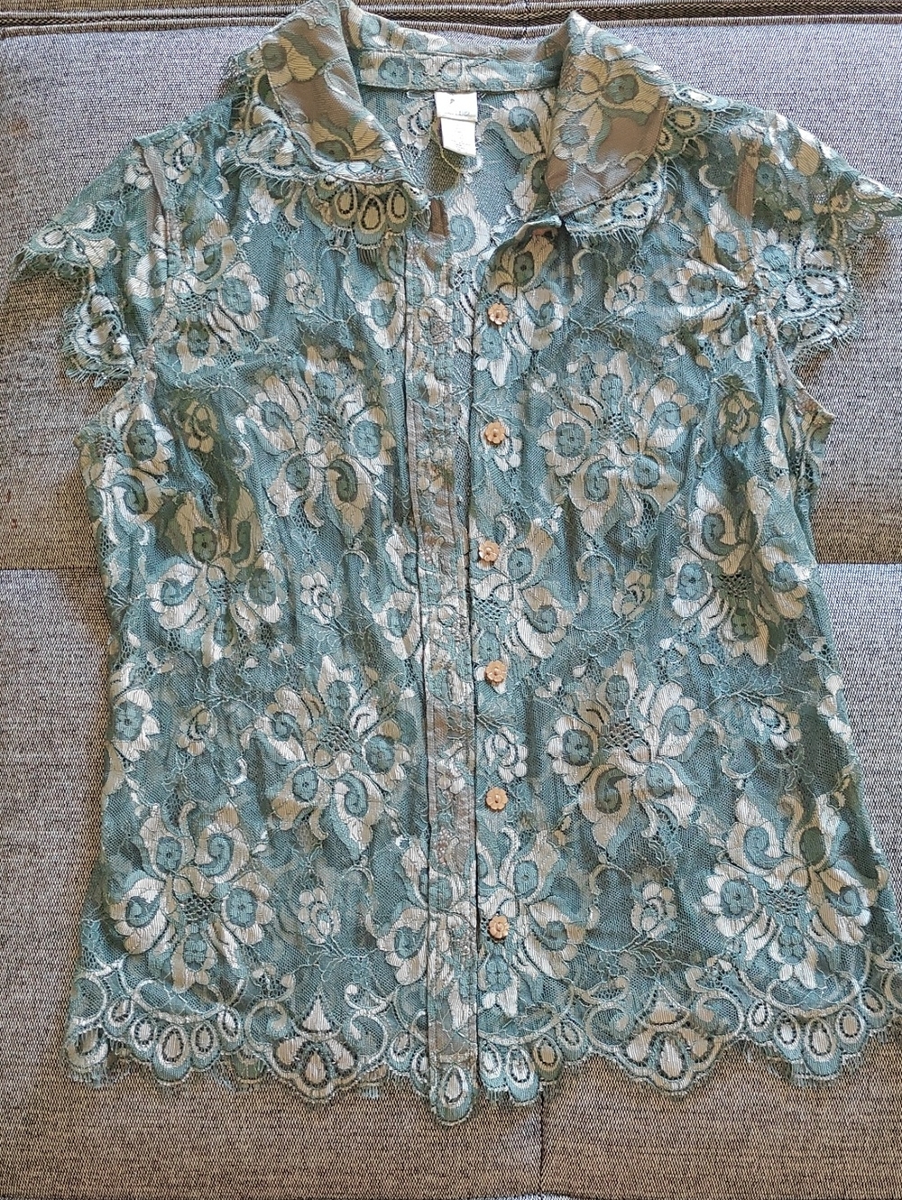 Light Teal Green Lace Button-Front Blouse